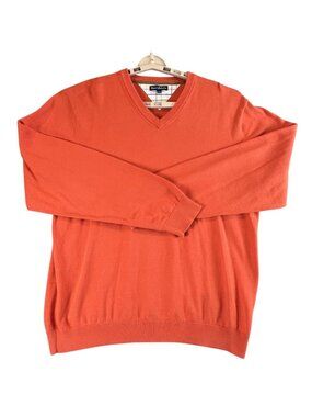 Mens XL Sweater Orange V Neck Cotton Pullover Knit Casual Preppy Academia Resort